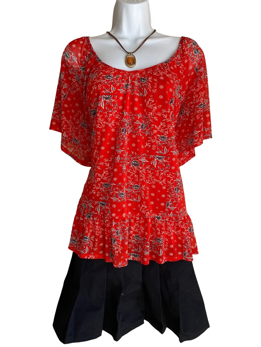 Vintage Ember Plus XL Red Floral Ruffled Tunic Blouse Boho Whimsigoth Fairycore
